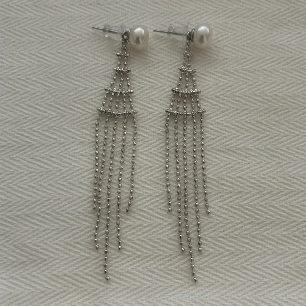 Pearl Tassel Earrings | Sterling Silver Posts | Holiday Elegant Gift for Her - Picture 3 of 7